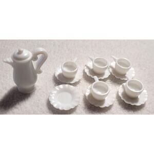 Barbie Size 1:6 Scale Dollhouse White Tea Coffee Set Teapot Cups Saucers Plates